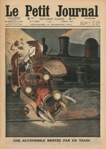 Vonat által összetört autó, illusztráció a „Le Petit Journal”-ból, mellékelt illusztráció, 1910. december 18.
